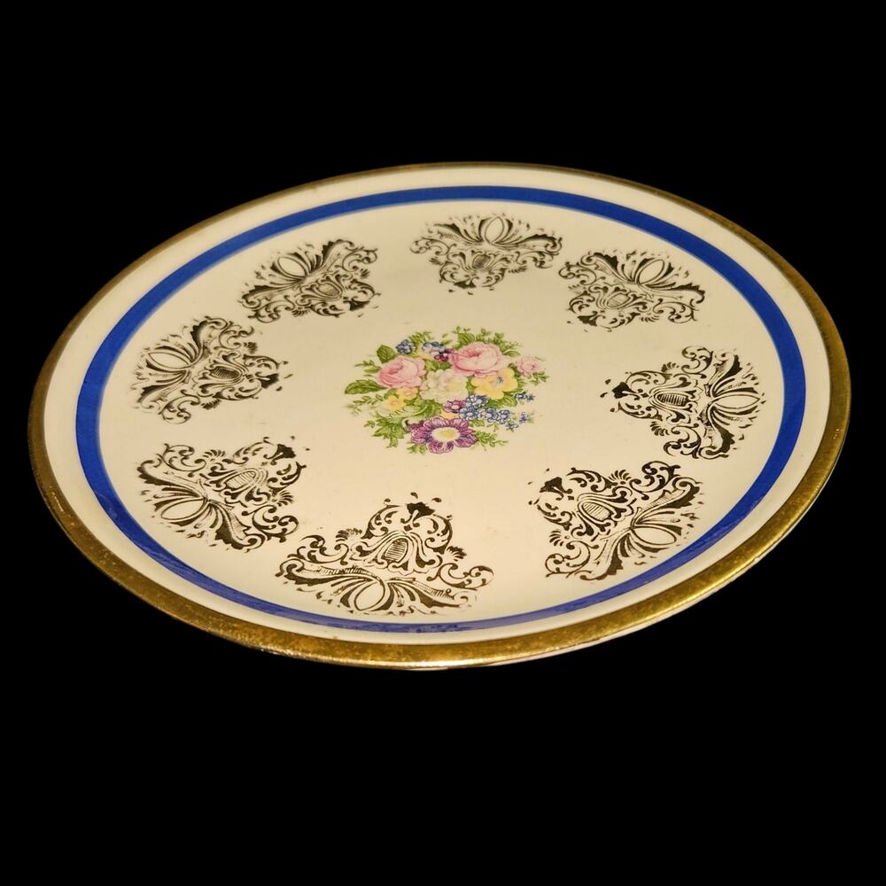 Royal China 22KT Gold Bread Plate 6" Floral Blue Rim Scroll Vintage 1940s